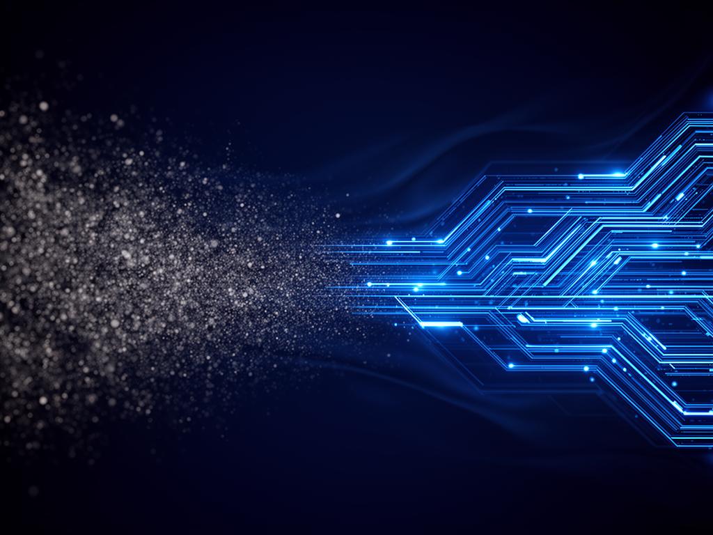 Abstrakte Visualisierung von KI-Transformation, von Chaos zu strukturierten Datenströmen